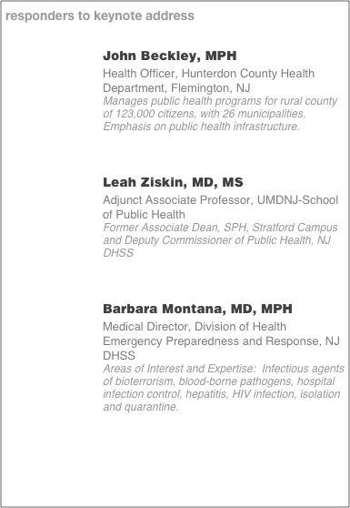 responders to keynote address

John Beckley, MPH
Health Officer, Hunterdon County Health Department, Flemington, NJ
Manages public health programs for rural county of 123,000 citizens, with 26 municipalities.  Emphasis on public health infrastructure.



Leah Ziskin, MD, MS
Adjunct Associate Professor, UMDNJ-School of Public Health
Former Associate Dean, SPH, Stratford Campus and Deputy Commissioner of Public Health, NJ DHSS



Barbara Montana, MD, MPH
Medical Director, Division of Health Emergency Preparedness and Response, NJ DHSS
Areas of Interest and Expertise:  Infectious agents of bioterrorism, blood-borne pathogens, hospital infection control, hepatitis, HIV infection, isolation and quarantine.





